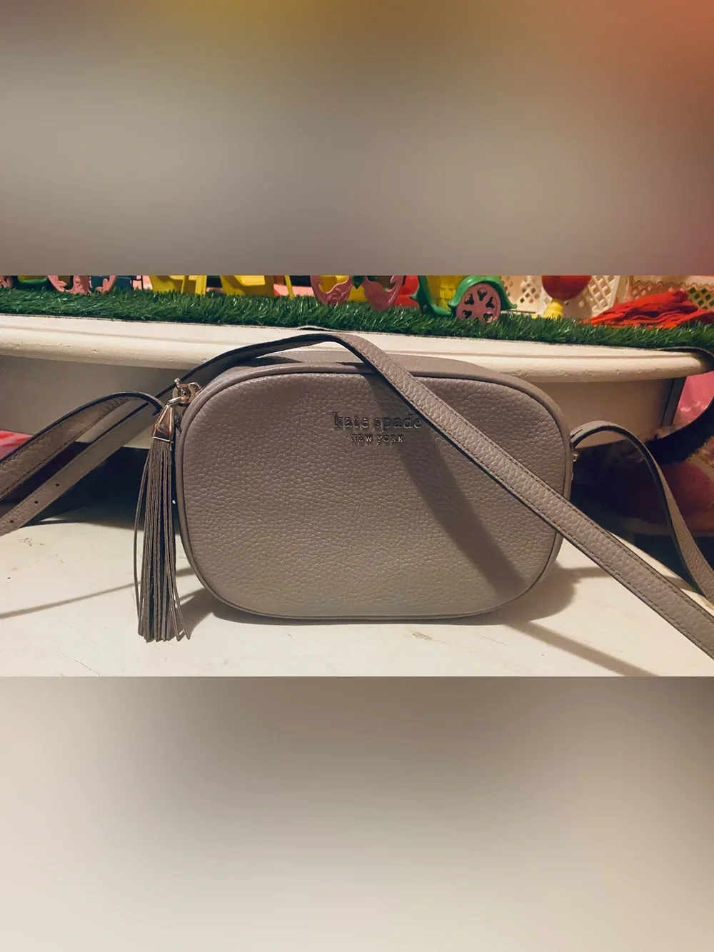 Annabel Medium Camera Bag Taupe Pebbled Leather Crossbody Tassel Kate spade ny
